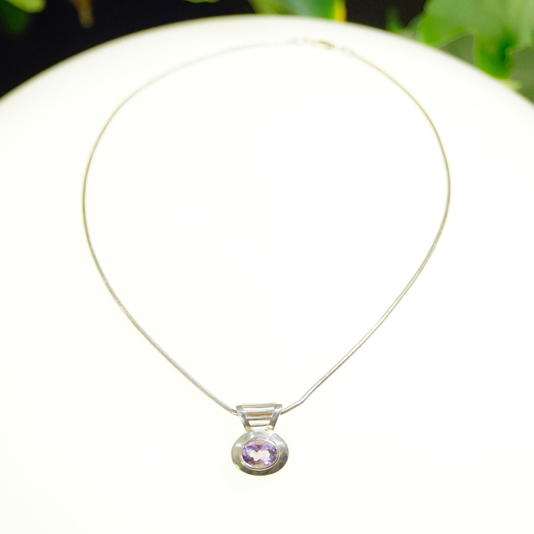 Vintage Sterling Silver Amethyst Pendant Necklace, Fine Snake Chain With Oval Cut Purple Stone Pendant, Synthetic Amethyst, Bocco Jewelry