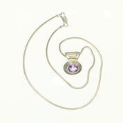 Vintage Sterling Silver Amethyst Pendant Necklace, Fine Snake Chain With Oval Cut Purple Stone Pendant, Synthetic Amethyst, Bocco Jewelry