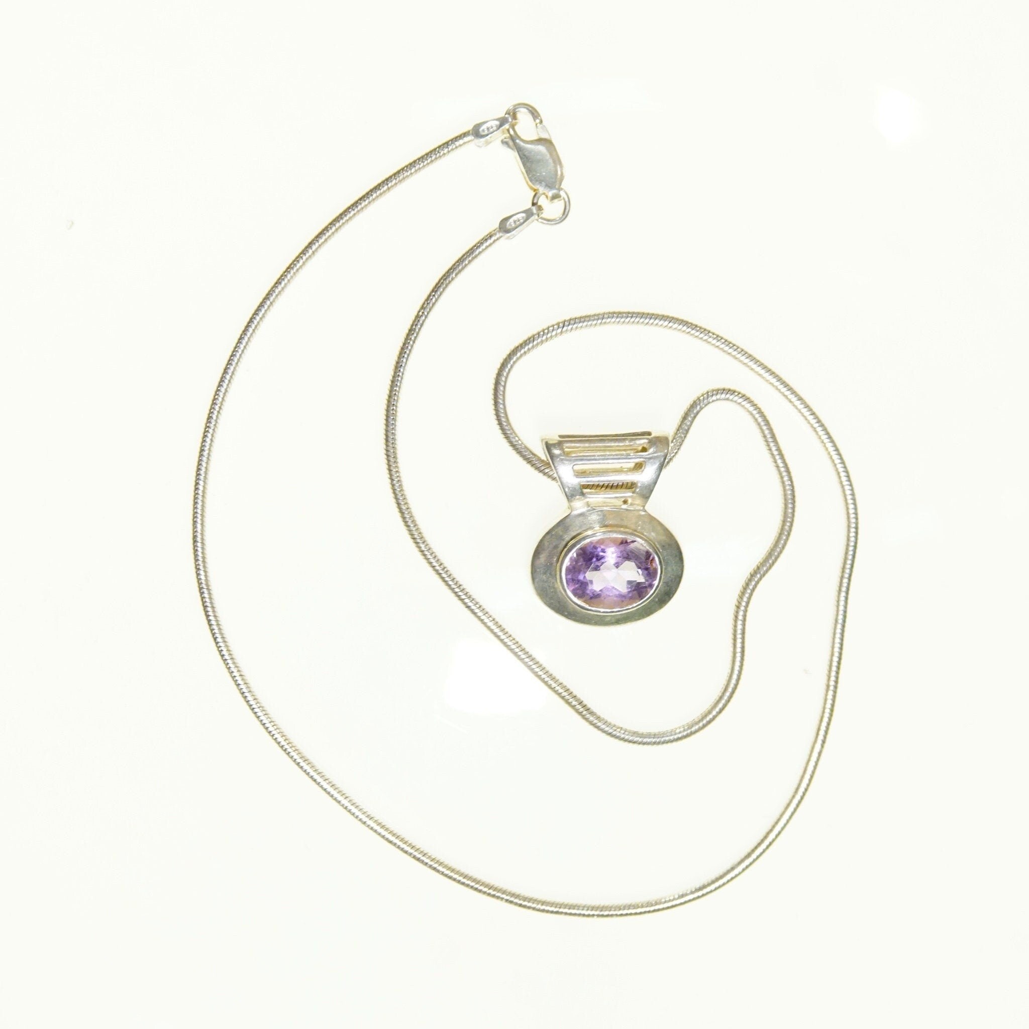 Vintage Sterling Silver Amethyst Pendant Necklace, Fine Snake Chain With Oval Cut Purple Stone Pendant, Synthetic Amethyst, Bocco Jewelry