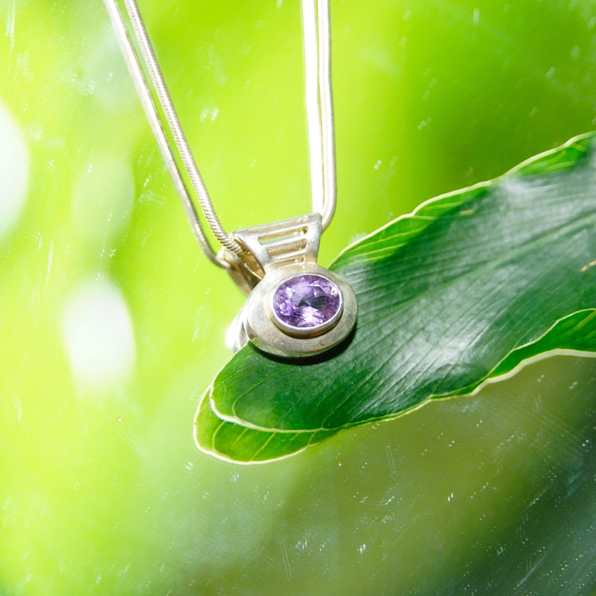 Vintage Sterling Silver Amethyst Pendant Necklace, Fine Snake Chain With Oval Cut Purple Stone Pendant, Synthetic Amethyst, Bocco Jewelry