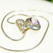 Vintage Sterling Silver Amethyst Pendant Necklace, Fine Snake Chain With Oval Cut Purple Stone Pendant, Synthetic Amethyst, Bocco Jewelry