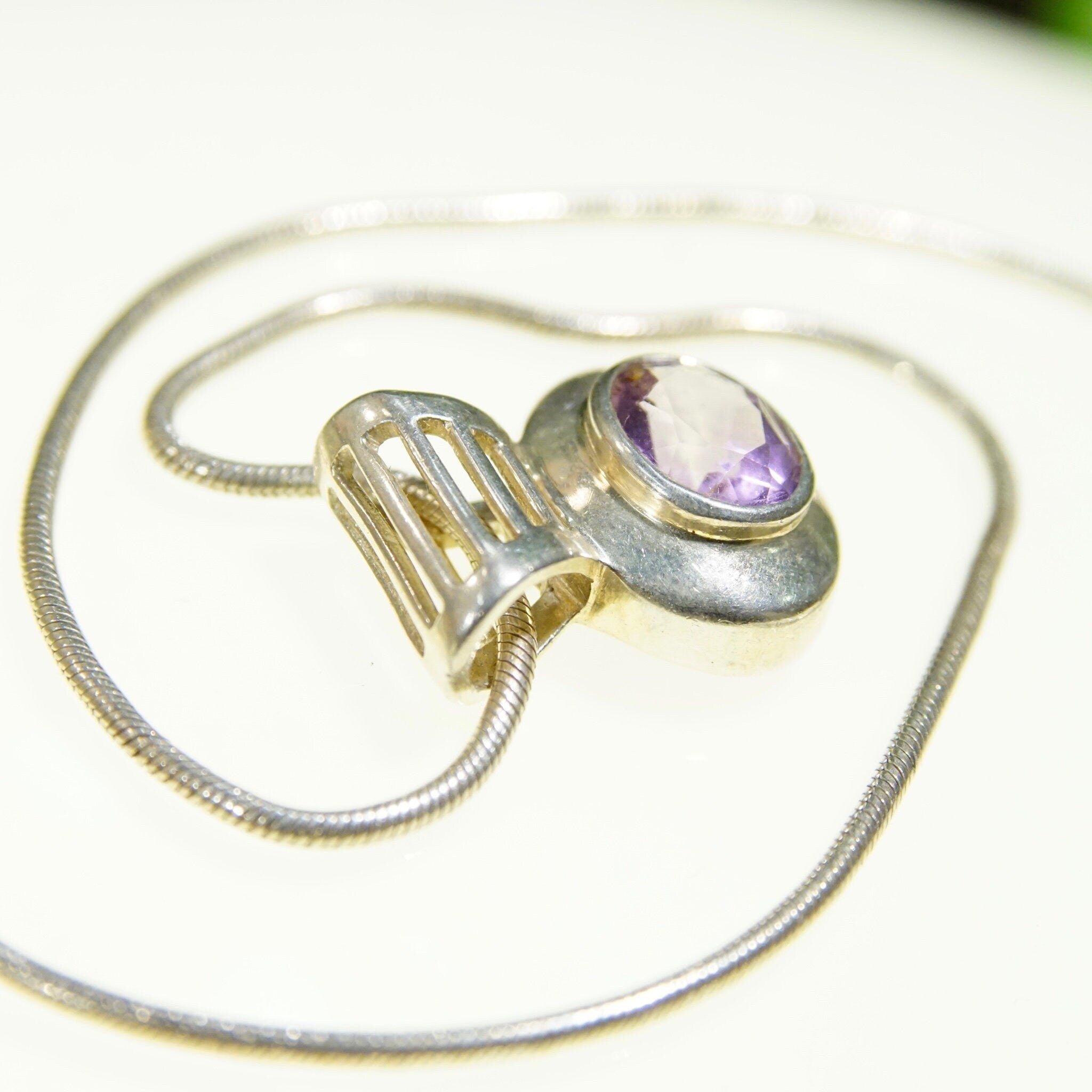 Vintage Sterling Silver Amethyst Pendant Necklace, Fine Snake Chain With Oval Cut Purple Stone Pendant, Synthetic Amethyst, Bocco Jewelry