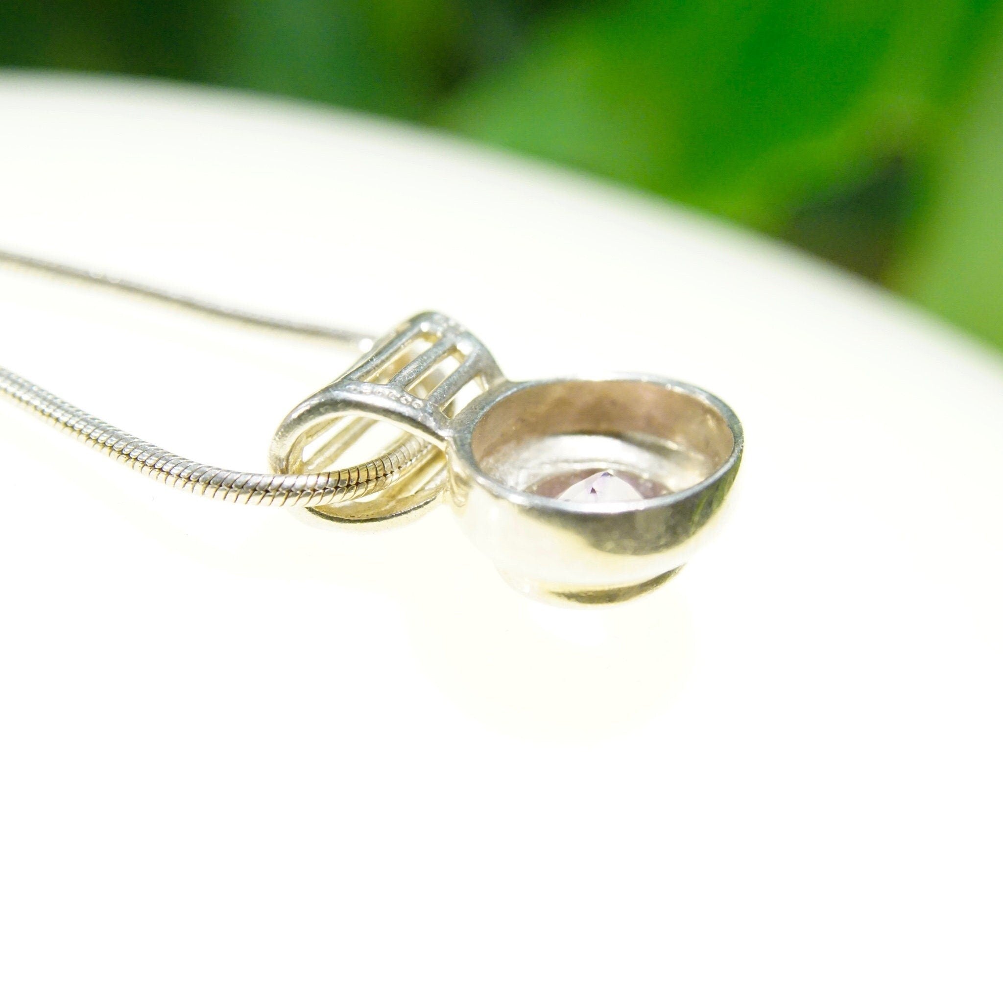 Vintage Sterling Silver Amethyst Pendant Necklace, Fine Snake Chain With Oval Cut Purple Stone Pendant, Synthetic Amethyst, Bocco Jewelry