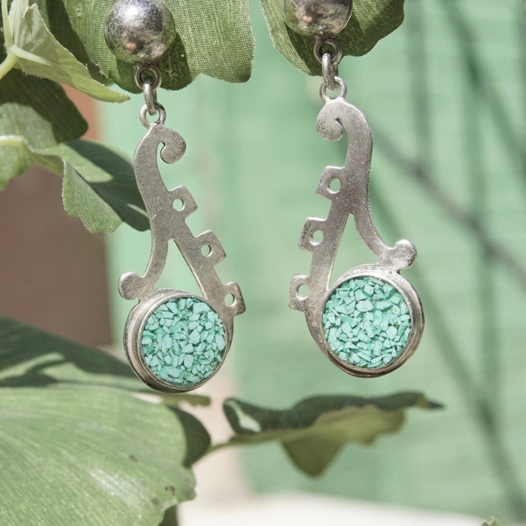 Vintage TAXCO Sterling Silver Mosaic Turquoise Inlay Dangle Earrings, Abstract Cutout Earrings, Light Blue Turquoise, TC-216 Mexico 925
