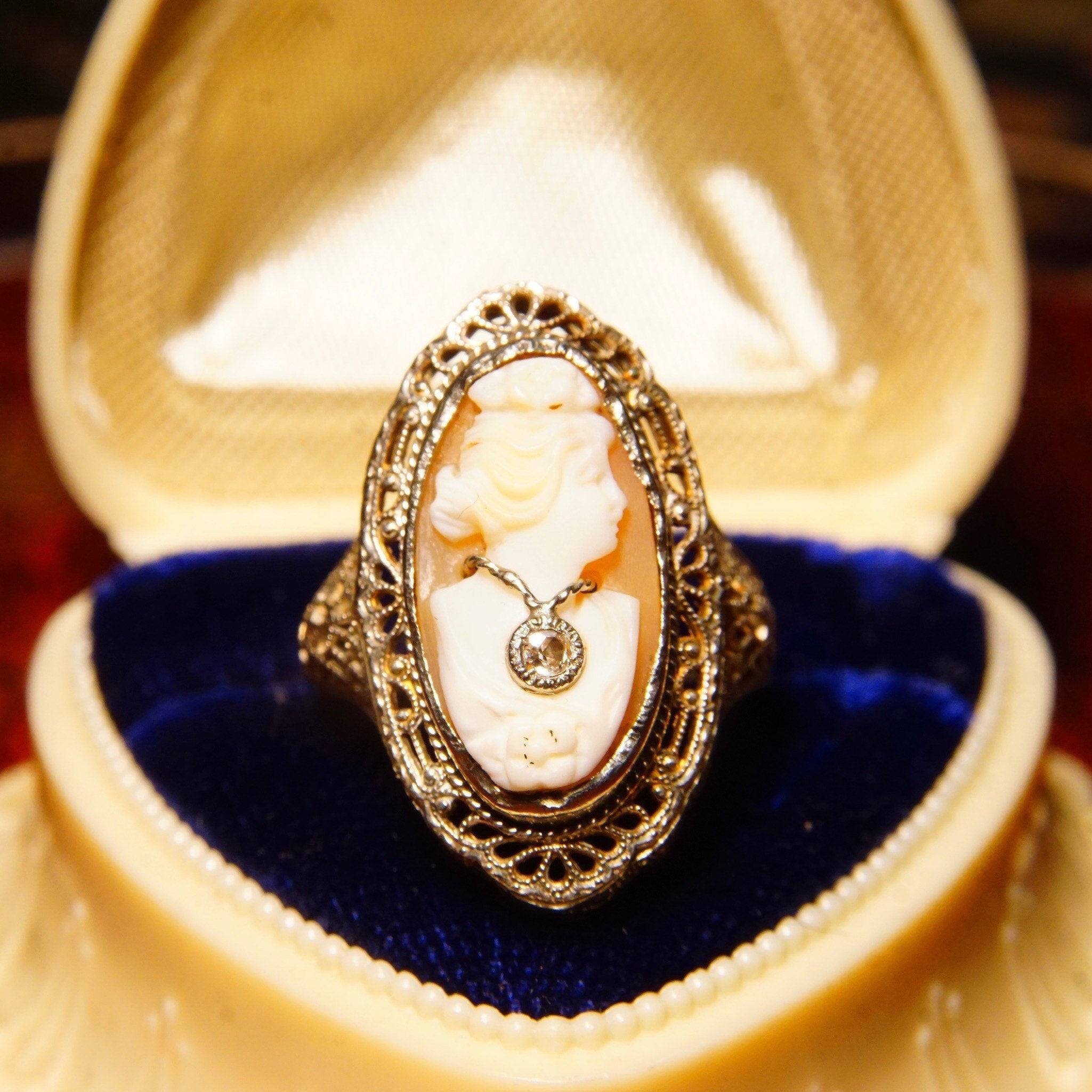 Antique 14K white gold filigree ring with carved shell cameo of a woman's bust wearing a diamond necklace, diamond accent, ESEMCO mark, size 6 1/4 US, in blue velvet jewelry box