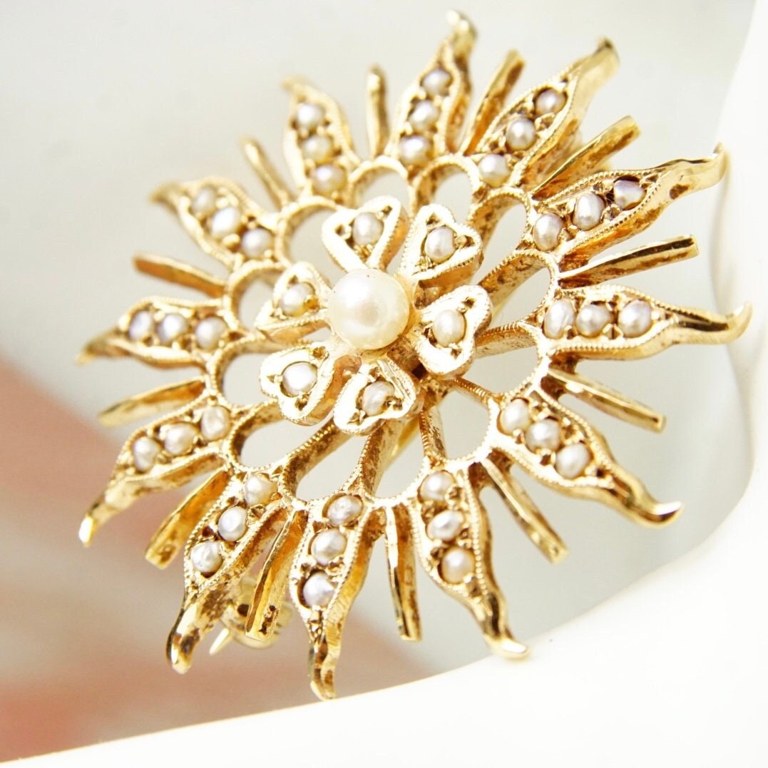 Antique 14K Gold Seed Pearl Sunburst Pendant/Brooch, Beautiful Yellow Gold Starburst Pendant, Intricate Pearl Encrusted Pin, 1 1/2"