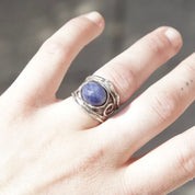 Vintage Sterling Silver Faceted Sodalite Ring, Hammered Silver Cut Out Ring With Swirl Design, Signed Israel 925, Size 7 1/4 US