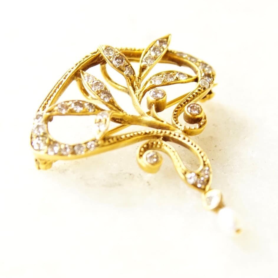 Antique 14K Gold Diamond & Pearl Pendant/Brooch, Brilliant Diamond Encrusted Pin, Ornate Floral Motifs, Pearl Seed Tassel,1 5/8" L