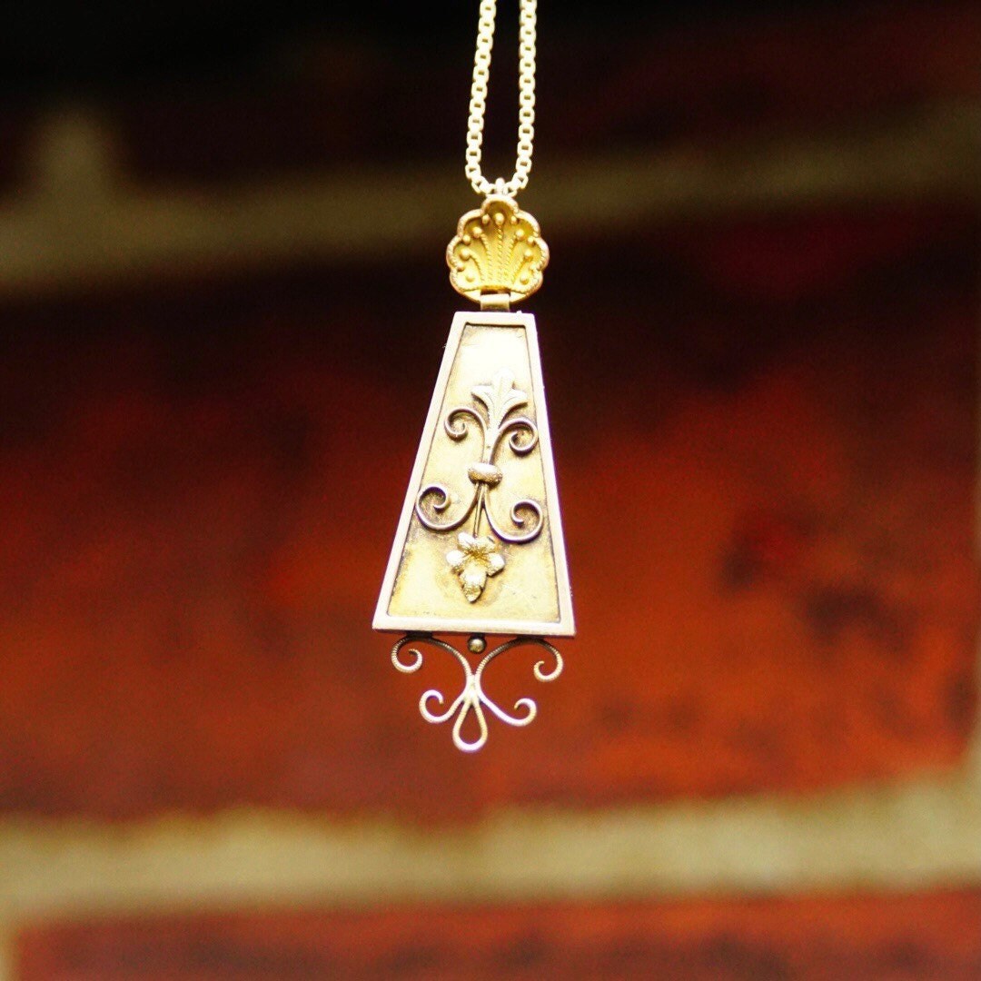 Antique 14K Gold Pendant, Ornate Rectangular Teardrop Pendant, Gold Wore Design, Fleur De Lis, Victorian Necklace Pendant, 1 3/4 Long