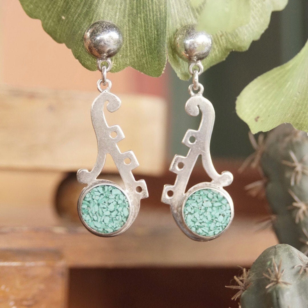 Vintage TAXCO Sterling Silver Mosaic Turquoise Inlay Dangle Earrings, Abstract Cutout Earrings, Light Blue Turquoise, TC-216 Mexico 925