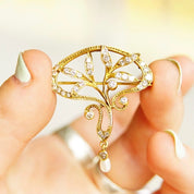 Antique 14K Gold Diamond & Pearl Pendant/Brooch, Brilliant Diamond Encrusted Pin, Ornate Floral Motifs, Pearl Seed Tassel,1 5/8" L