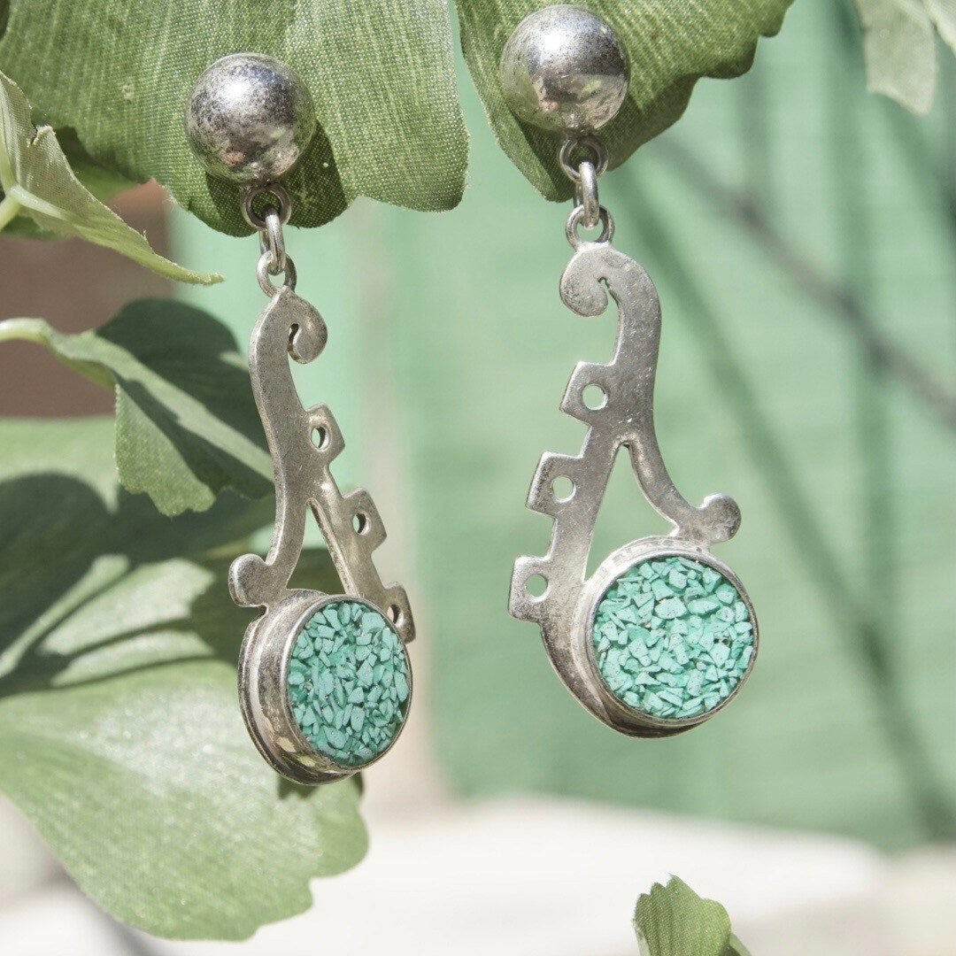 Vintage TAXCO Sterling Silver Mosaic Turquoise Inlay Dangle Earrings, Abstract Cutout Earrings, Light Blue Turquoise, TC-216 Mexico 925
