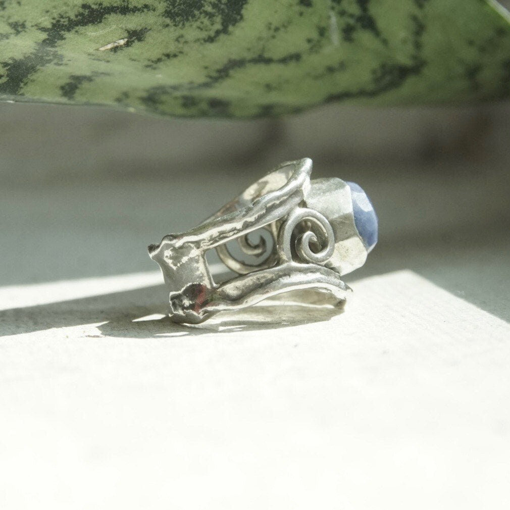 Vintage Sterling Silver Faceted Sodalite Ring, Hammered Silver Cut Out Ring With Swirl Design, Signed Israel 925, Size 7 1/4 US