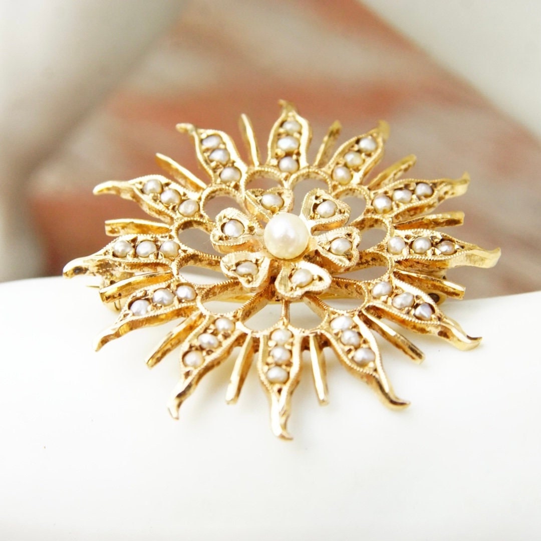 Antique 14K Gold Seed Pearl Sunburst Pendant/Brooch, Beautiful Yellow Gold Starburst Pendant, Intricate Pearl Encrusted Pin, 1 1/2"