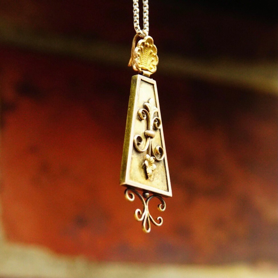 Antique 14K Gold Pendant, Ornate Rectangular Teardrop Pendant, Gold Wore Design, Fleur De Lis, Victorian Necklace Pendant, 1 3/4 Long