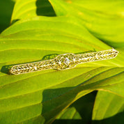 Antique Art Deco 14K White Gold Filigree & Sapphire Bar Pin, Floral Motifs, Faceted Square Gemstone, Ornate Gold Filigree Brooch, 2 1/2" L