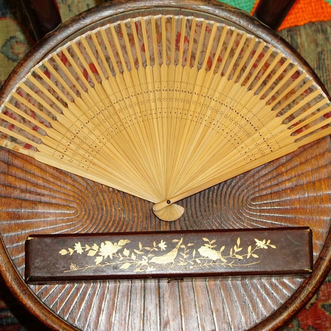 Antique Chinese Hand Made Silkscreen Fan & Decorative Wooden Case, Translucent Silk Leaves With Floral Pattern, Hand Painted Bird Box Design