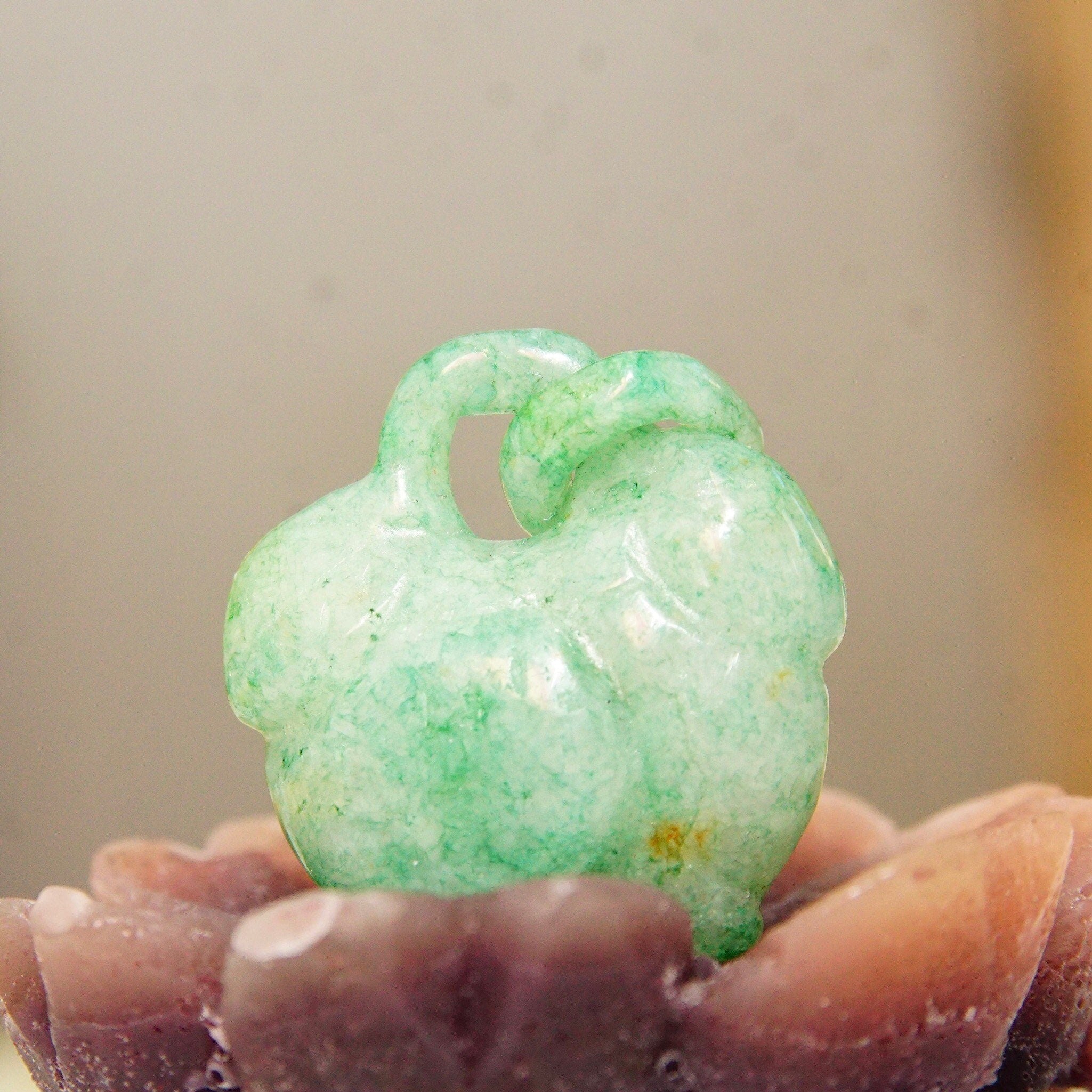 Antique Chinese Hand-Carved Nephrite Jade Fruit Pendant & Carved Jade Loop, Dangling Lychee Fruit Pendant, Cloudy Green Jade Stone, 1 1/4" L