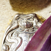 Antique Art Nouveau Sterling Silver Repousse Grooming Brush, Embossed Girls Face With Floral Designs & Engraved Initials, Sterling 1541 M