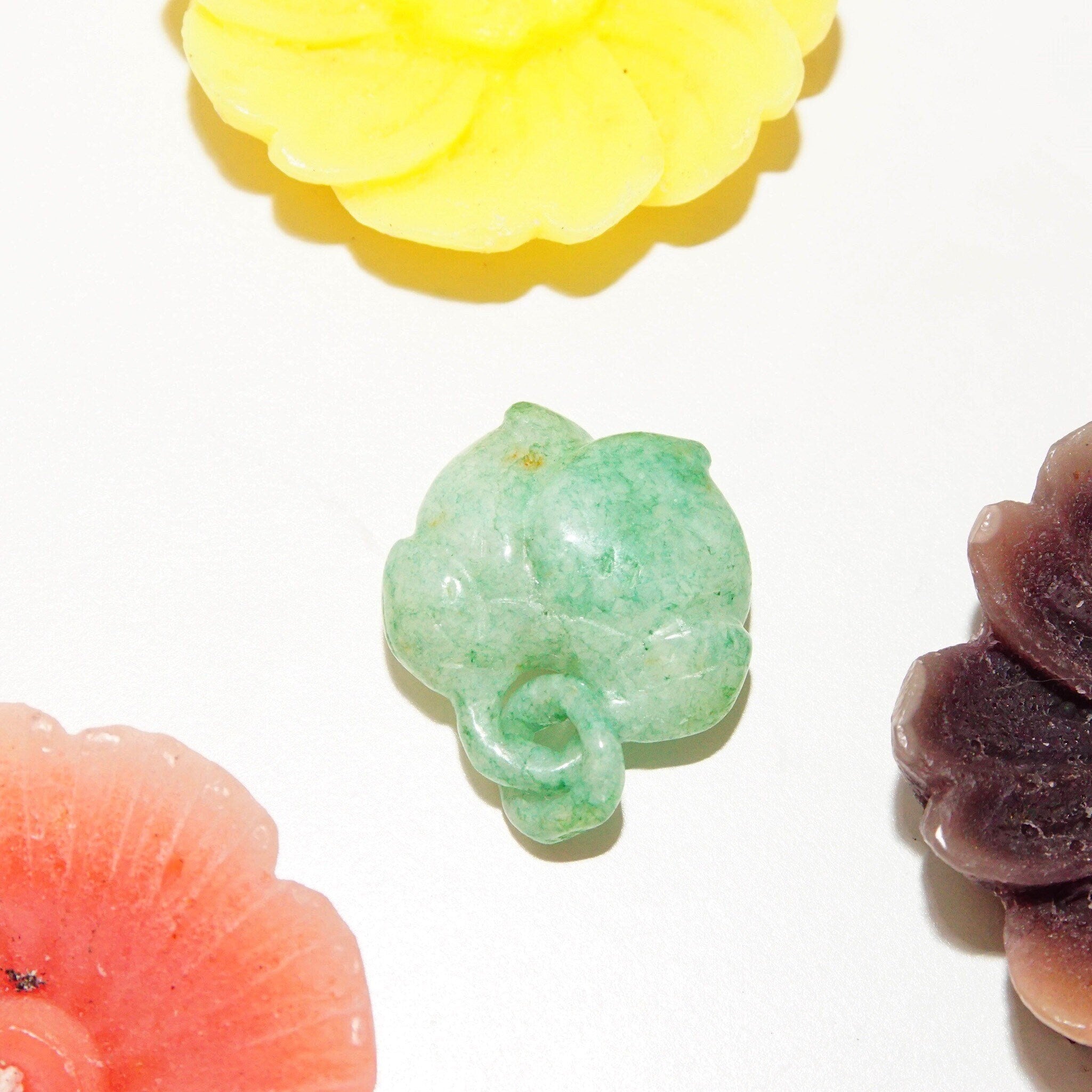 Antique Chinese Hand-Carved Nephrite Jade Fruit Pendant & Carved Jade Loop, Dangling Lychee Fruit Pendant, Cloudy Green Jade Stone, 1 1/4" L