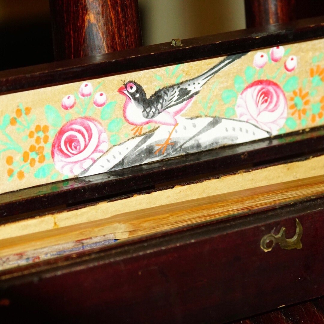 Antique Chinese Hand Made Silkscreen Fan & Decorative Wooden Case, Translucent Silk Leaves With Floral Pattern, Hand Painted Bird Box Design
