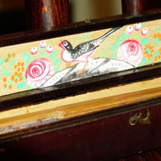 Antique Chinese Hand Made Silkscreen Fan & Decorative Wooden Case, Translucent Silk Leaves With Floral Pattern, Hand Painted Bird Box Design