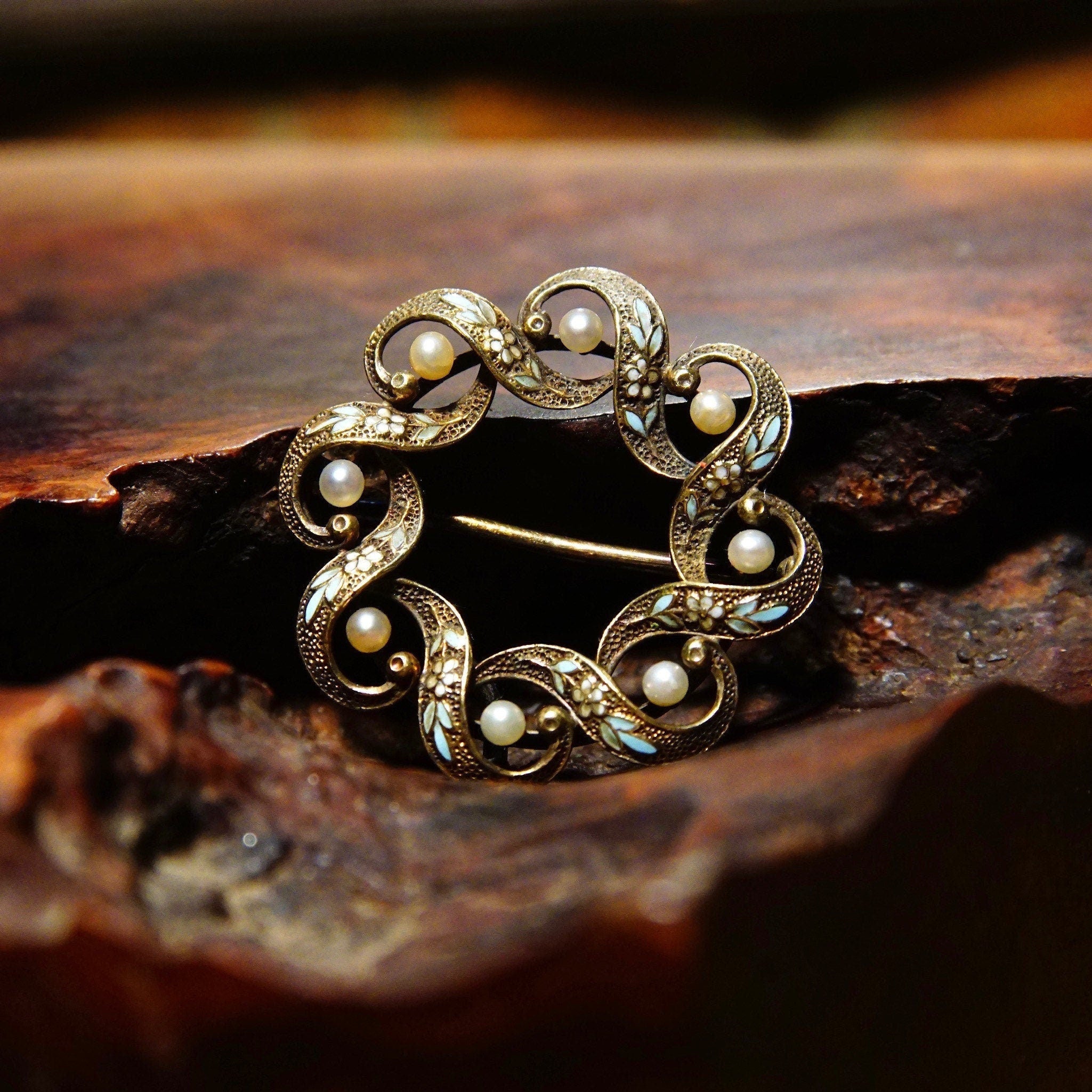 Antique Enameled Gilt Silver Seed Pearl Wreath Brooch, Art Nouveau/Deco, Ornate Enamel Pin, Small Iridescent Pearl, Open Circle Pin, 1" W
