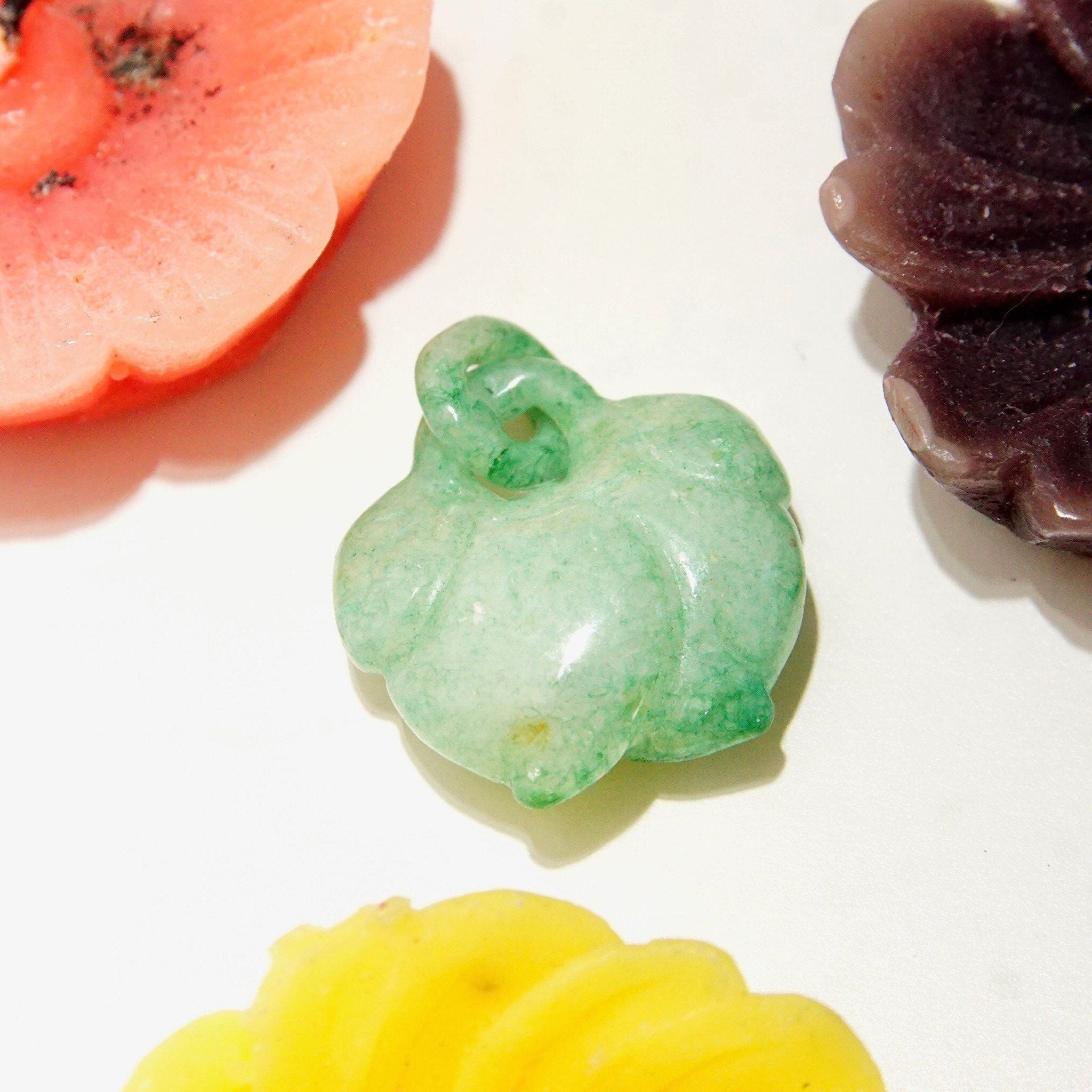Antique Chinese Hand-Carved Nephrite Jade Fruit Pendant & Carved Jade Loop, Dangling Lychee Fruit Pendant, Cloudy Green Jade Stone, 1 1/4" L