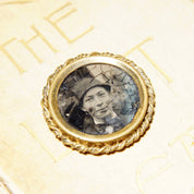 Antique Gold Filled Photo Portrait Brooch Pin, Victorian Mourning Jewelry, Black & White Photo Of A Man, Woven Gold Frame, 1 1/4"