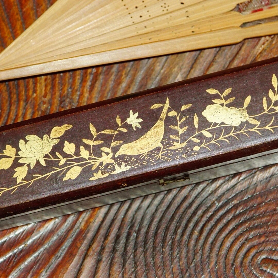 Antique Chinese Hand Made Silkscreen Fan & Decorative Wooden Case, Translucent Silk Leaves With Floral Pattern, Hand Painted Bird Box Design