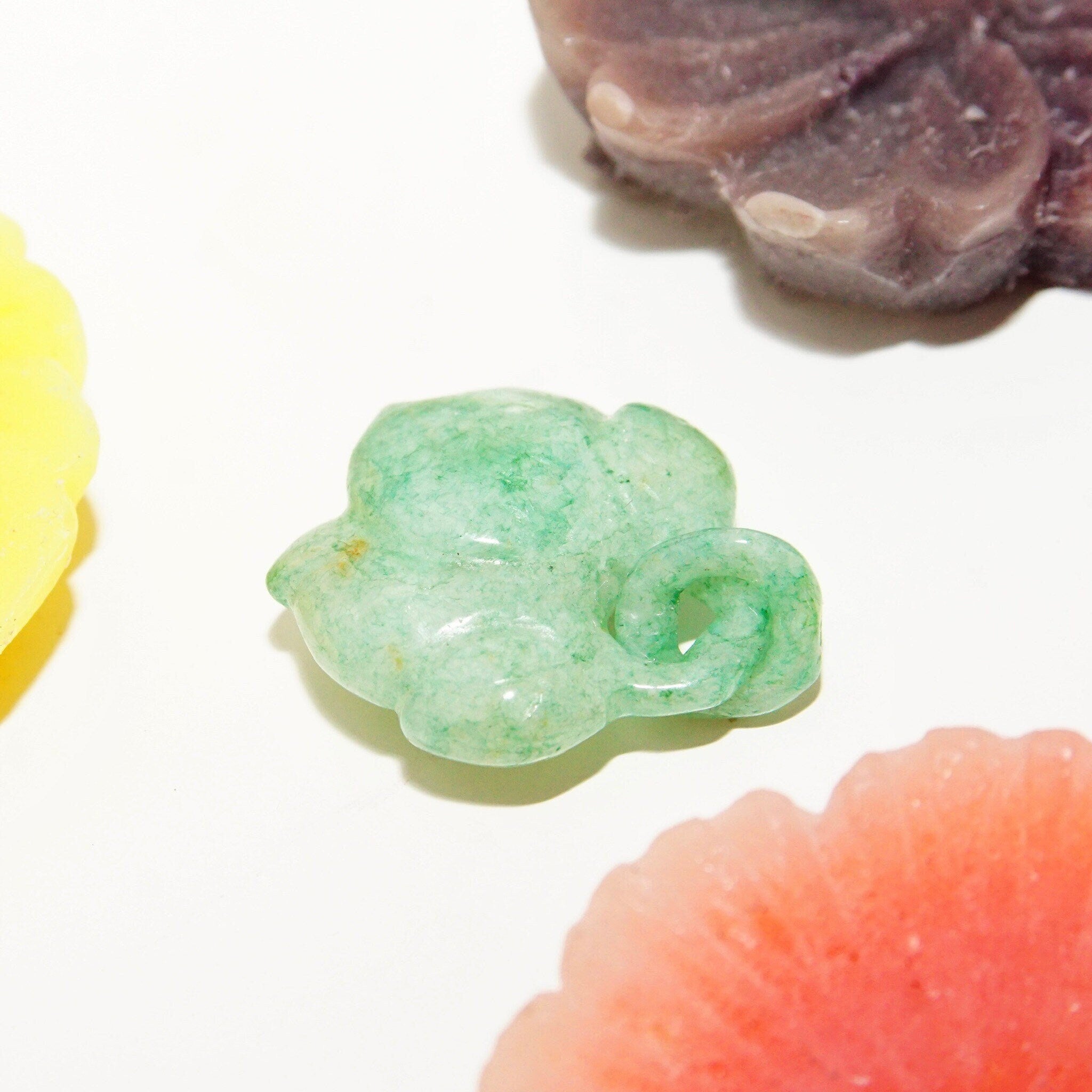 Antique Chinese Hand-Carved Nephrite Jade Fruit Pendant & Carved Jade Loop, Dangling Lychee Fruit Pendant, Cloudy Green Jade Stone, 1 1/4" L