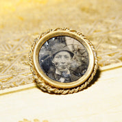Antique Gold Filled Photo Portrait Brooch Pin, Victorian Mourning Jewelry, Black & White Photo Of A Man, Woven Gold Frame, 1 1/4"