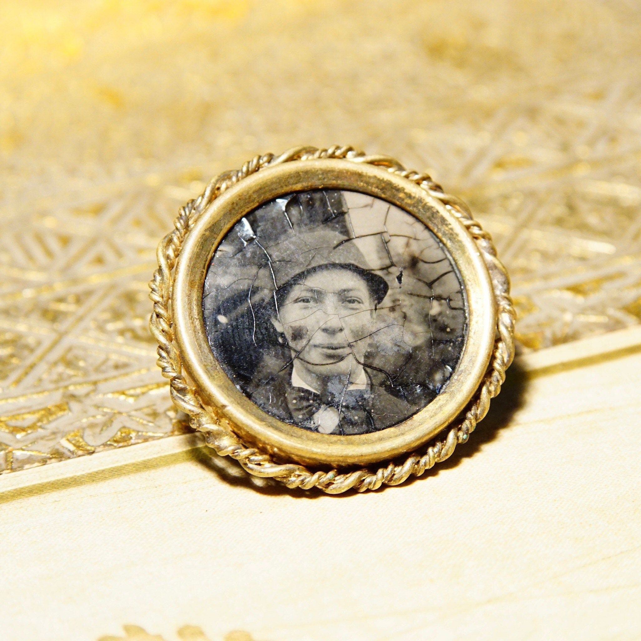 Antique Gold Filled Photo Portrait Brooch Pin, Victorian Mourning Jewelry, Black & White Photo Of A Man, Woven Gold Frame, 1 1/4"