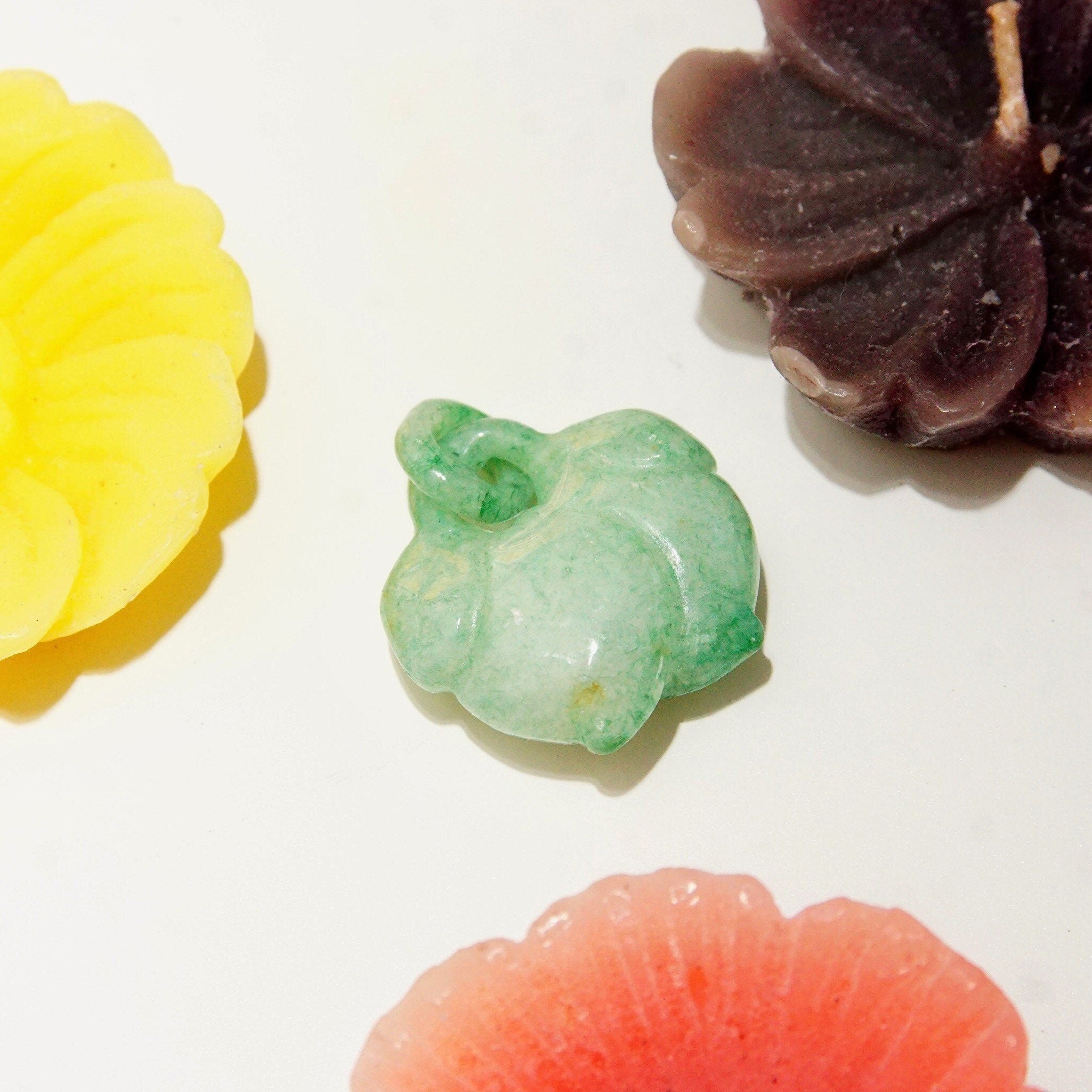 Antique Chinese Hand-Carved Nephrite Jade Fruit Pendant & Carved Jade Loop, Dangling Lychee Fruit Pendant, Cloudy Green Jade Stone, 1 1/4" L