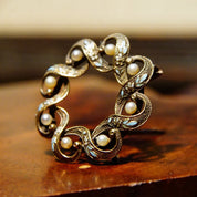Antique Enameled Gilt Silver Seed Pearl Wreath Brooch, Art Nouveau/Deco, Ornate Enamel Pin, Small Iridescent Pearl, Open Circle Pin, 1" W