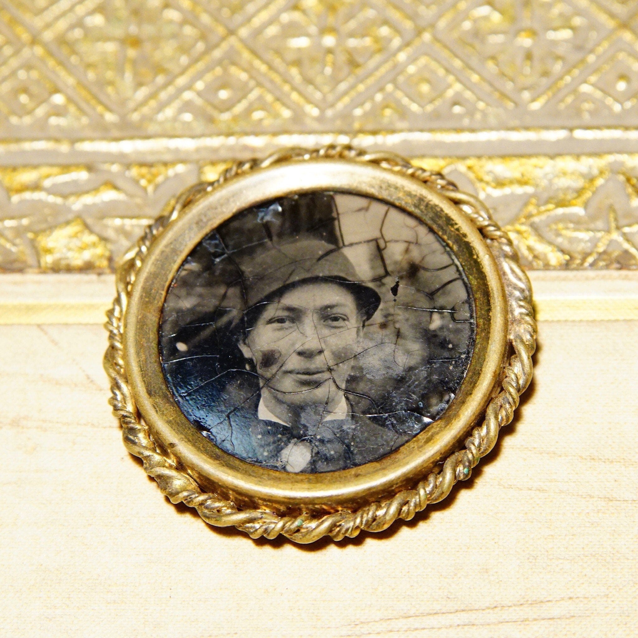 Antique Gold Filled Photo Portrait Brooch Pin, Victorian Mourning Jewelry, Black & White Photo Of A Man, Woven Gold Frame, 1 1/4"