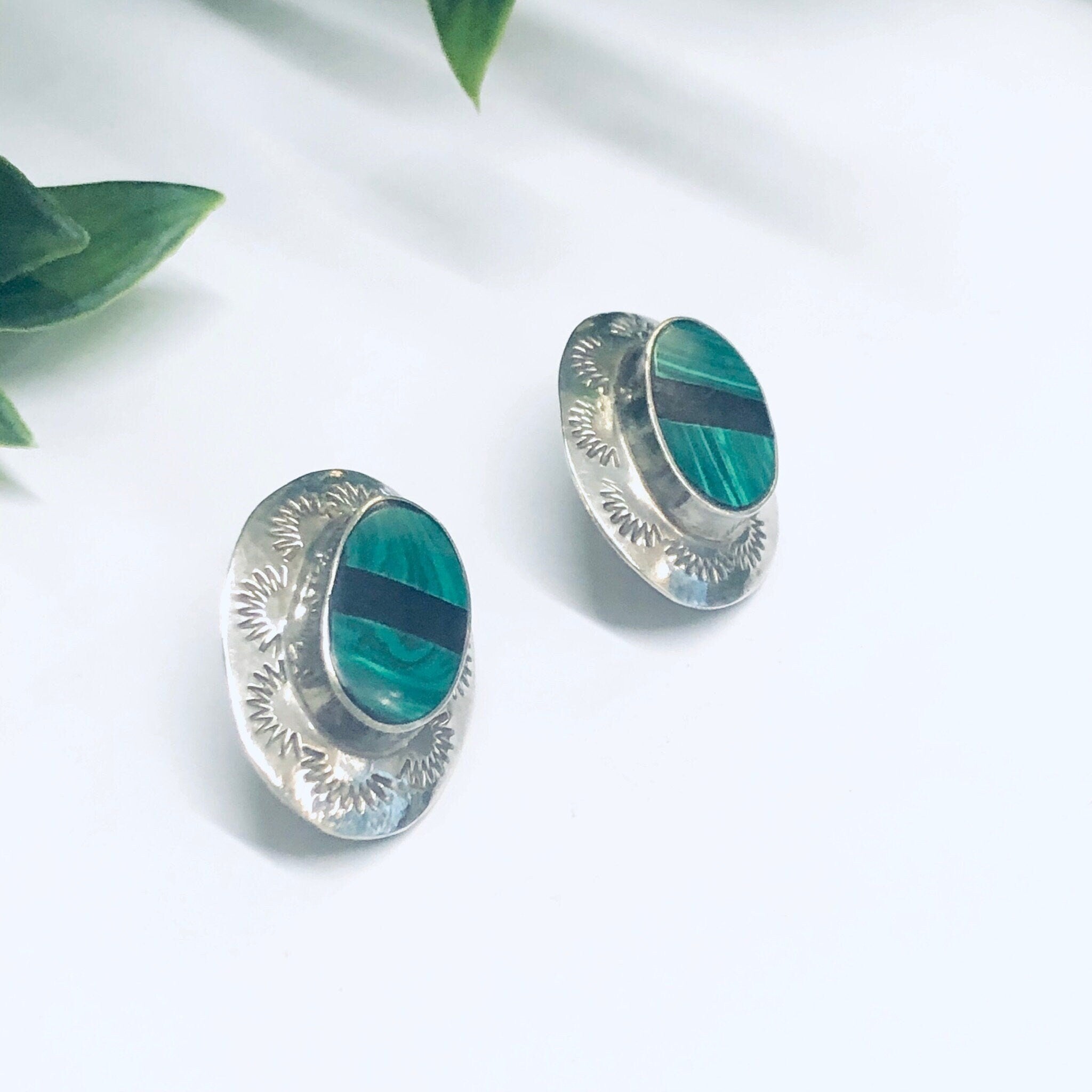 Malachite and Silver Earrings, Onyx Earrings, Post Earrings, Onyx and Malachite Earrings, Pierced Ears, Vintage Earrings