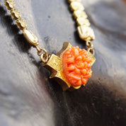 Victorian Gold Tone Carved Coral Pendant Necklace, Mourning Jewelry, Ornate Gold Chain, Unique Pendant, Slide Lock, 19 1/2" L