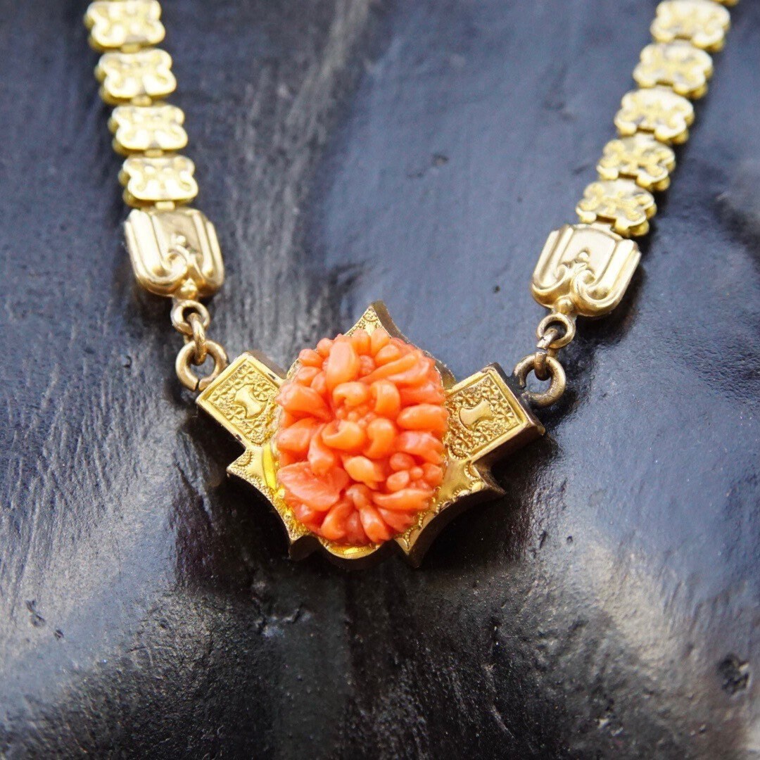Victorian Gold Tone Carved Coral Pendant Necklace, Mourning Jewelry, Ornate Gold Chain, Unique Pendant, Slide Lock, 19 1/2" L