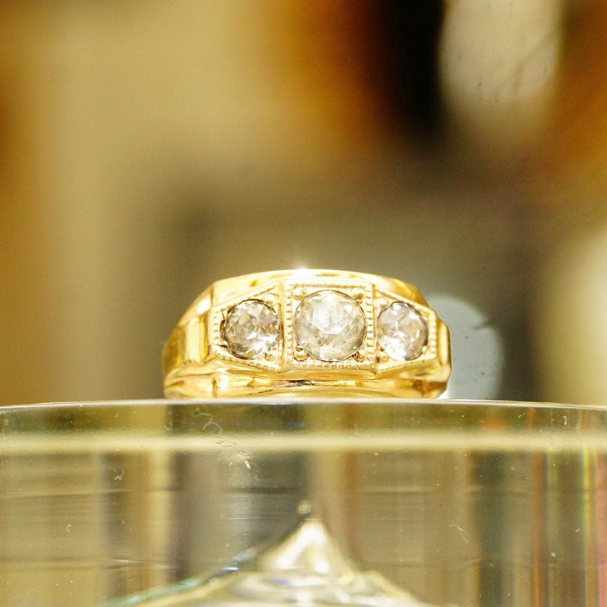 Vintage 12KT GF Three-Diamond Signet Ring, Simulated Diamonds, Yellow Gold Saddle Ring, Art Deco Style, Size 10 1/2 US