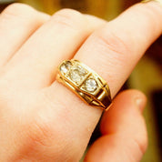 Vintage 12KT GF Three-Diamond Signet Ring, Simulated Diamonds, Yellow Gold Saddle Ring, Art Deco Style, Size 10 1/2 US
