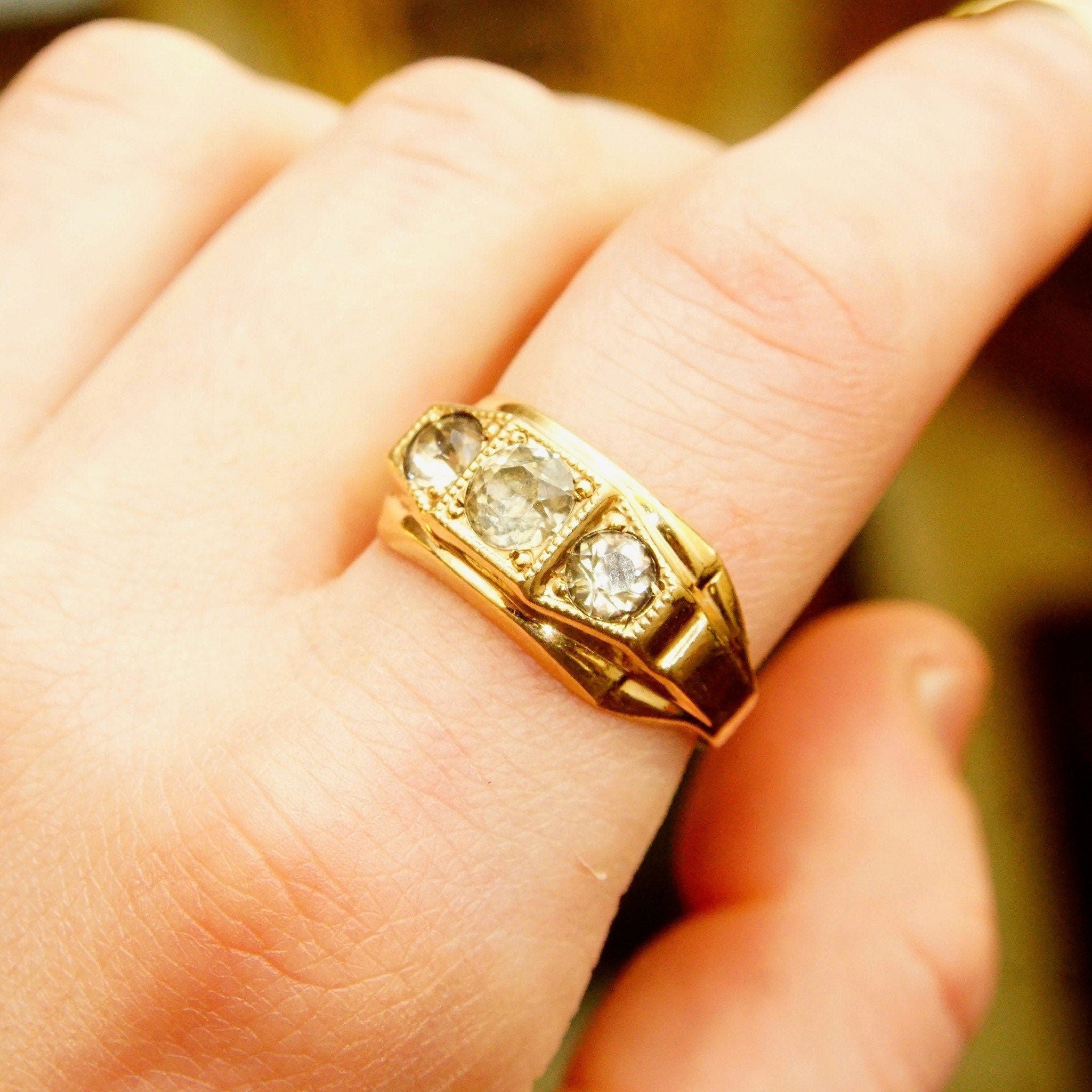 Vintage 12KT GF Three-Diamond Signet Ring, Simulated Diamonds, Yellow Gold Saddle Ring, Art Deco Style, Size 10 1/2 US