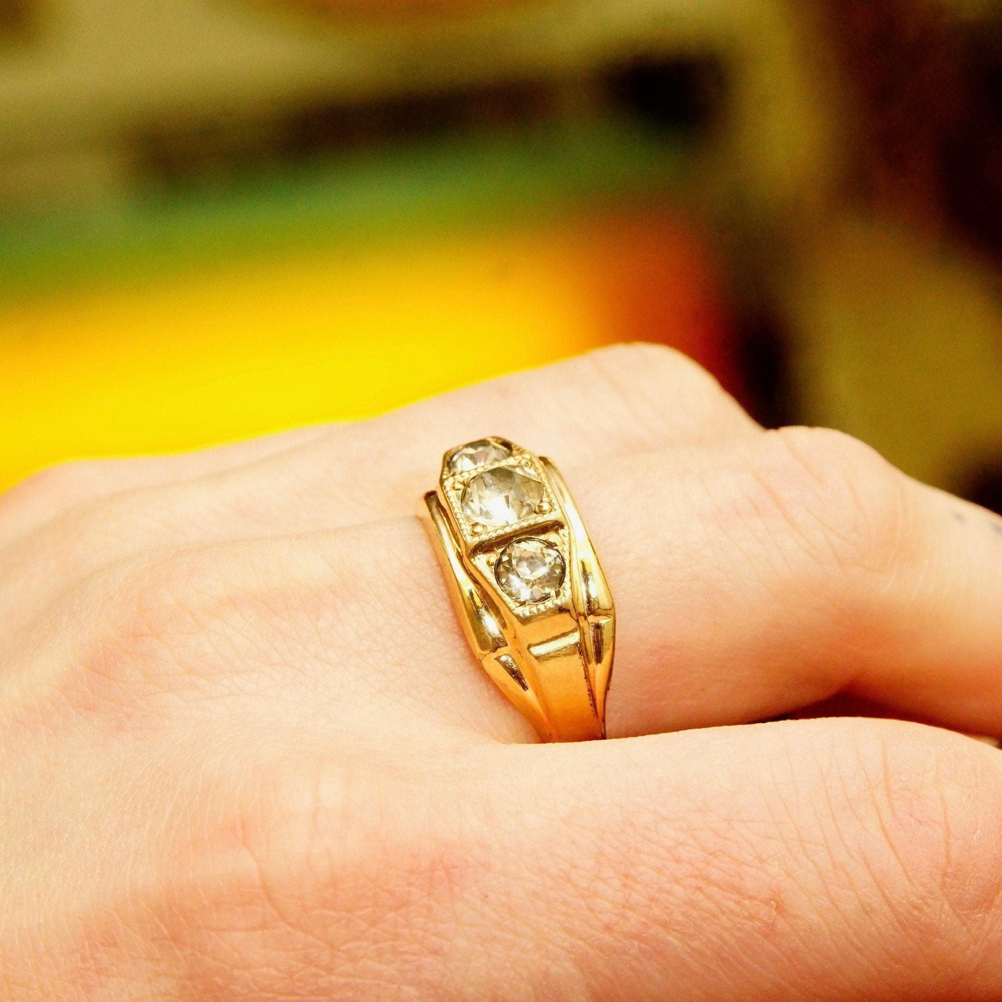 Vintage 12KT GF Three-Diamond Signet Ring, Simulated Diamonds, Yellow Gold Saddle Ring, Art Deco Style, Size 10 1/2 US
