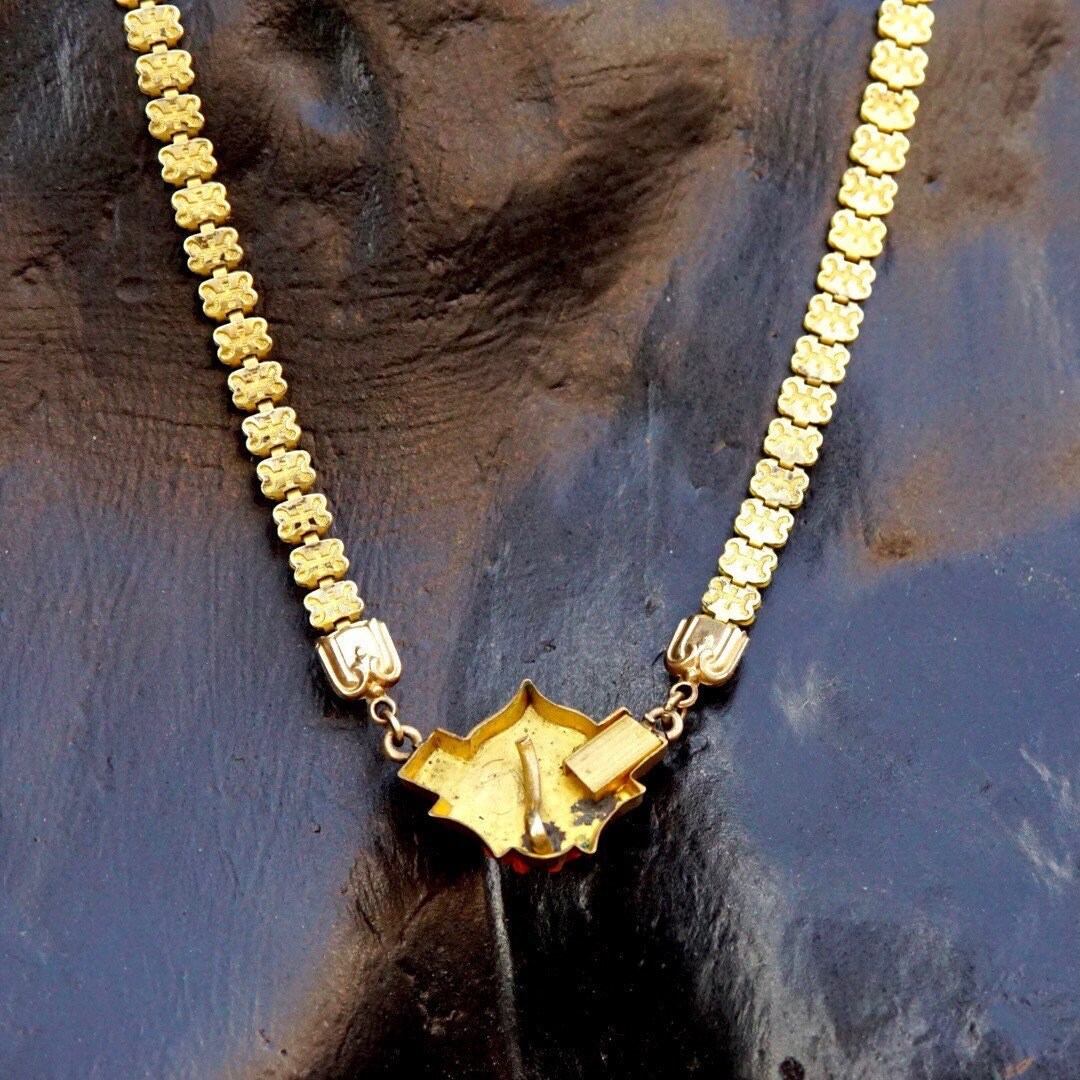 Victorian Gold Tone Carved Coral Pendant Necklace, Mourning Jewelry, Ornate Gold Chain, Unique Pendant, Slide Lock, 19 1/2" L