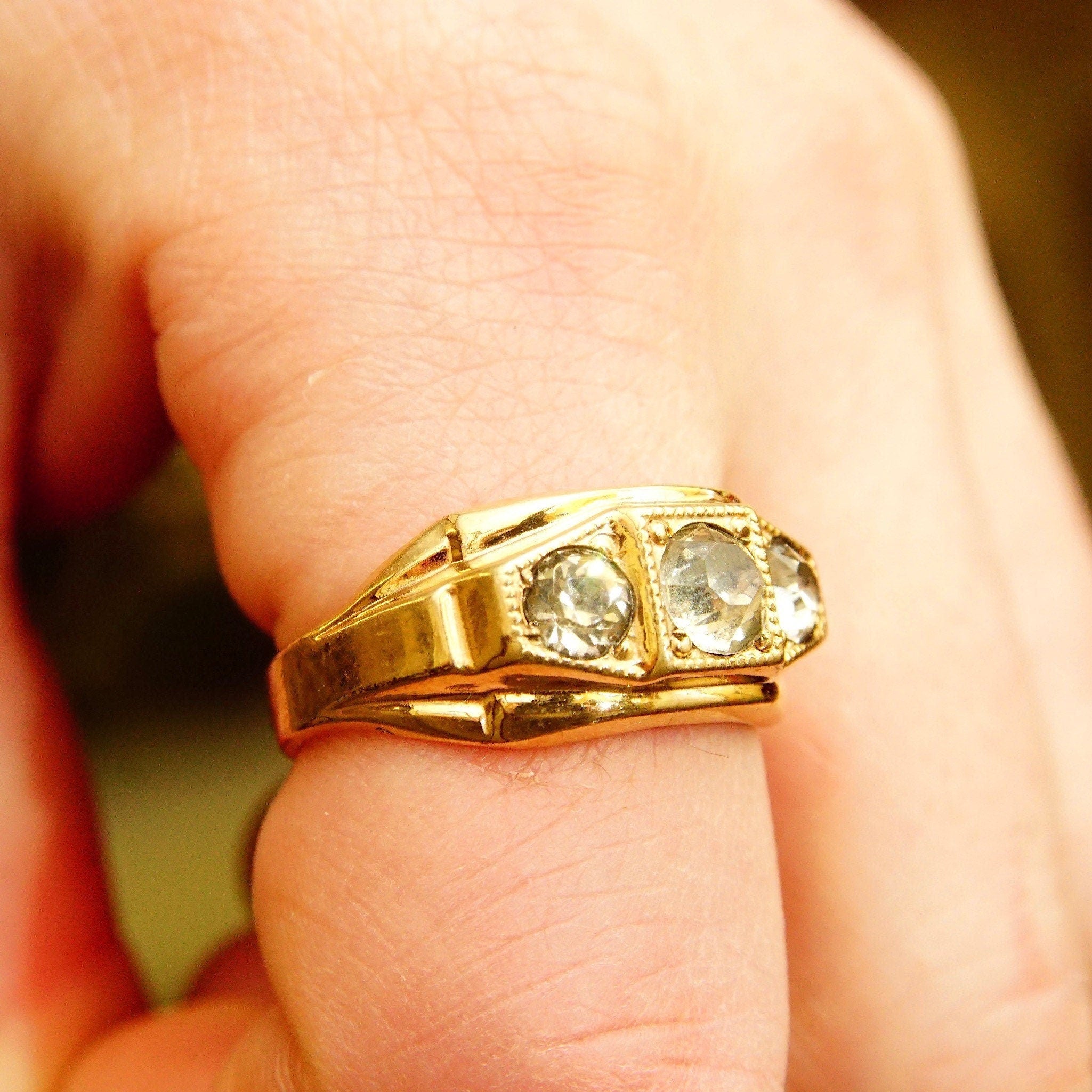Vintage 12KT GF Three-Diamond Signet Ring, Simulated Diamonds, Yellow Gold Saddle Ring, Art Deco Style, Size 10 1/2 US