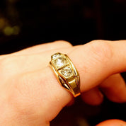 Vintage 12KT GF Three-Diamond Signet Ring, Simulated Diamonds, Yellow Gold Saddle Ring, Art Deco Style, Size 10 1/2 US