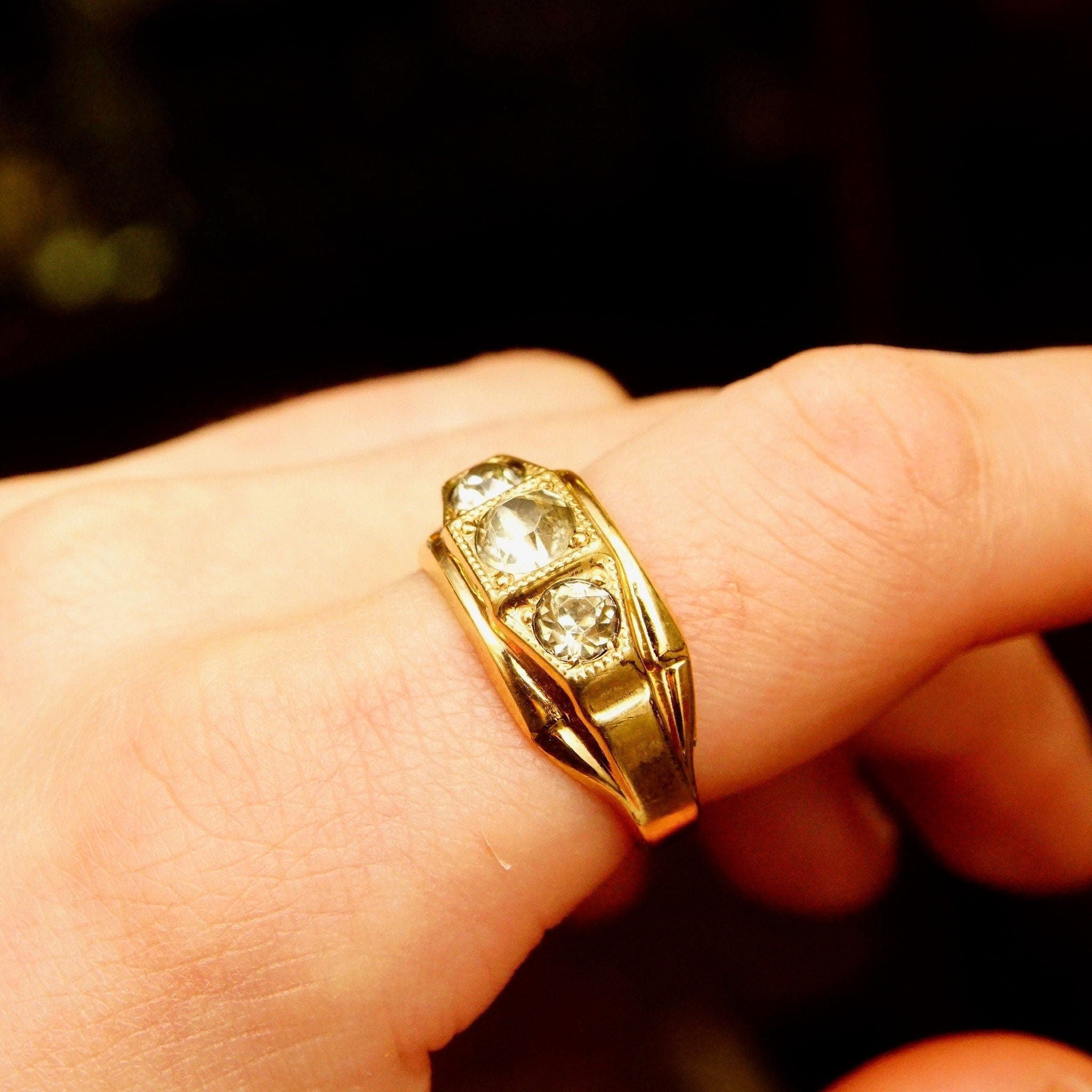 Vintage 12KT GF Three-Diamond Signet Ring, Simulated Diamonds, Yellow Gold Saddle Ring, Art Deco Style, Size 10 1/2 US