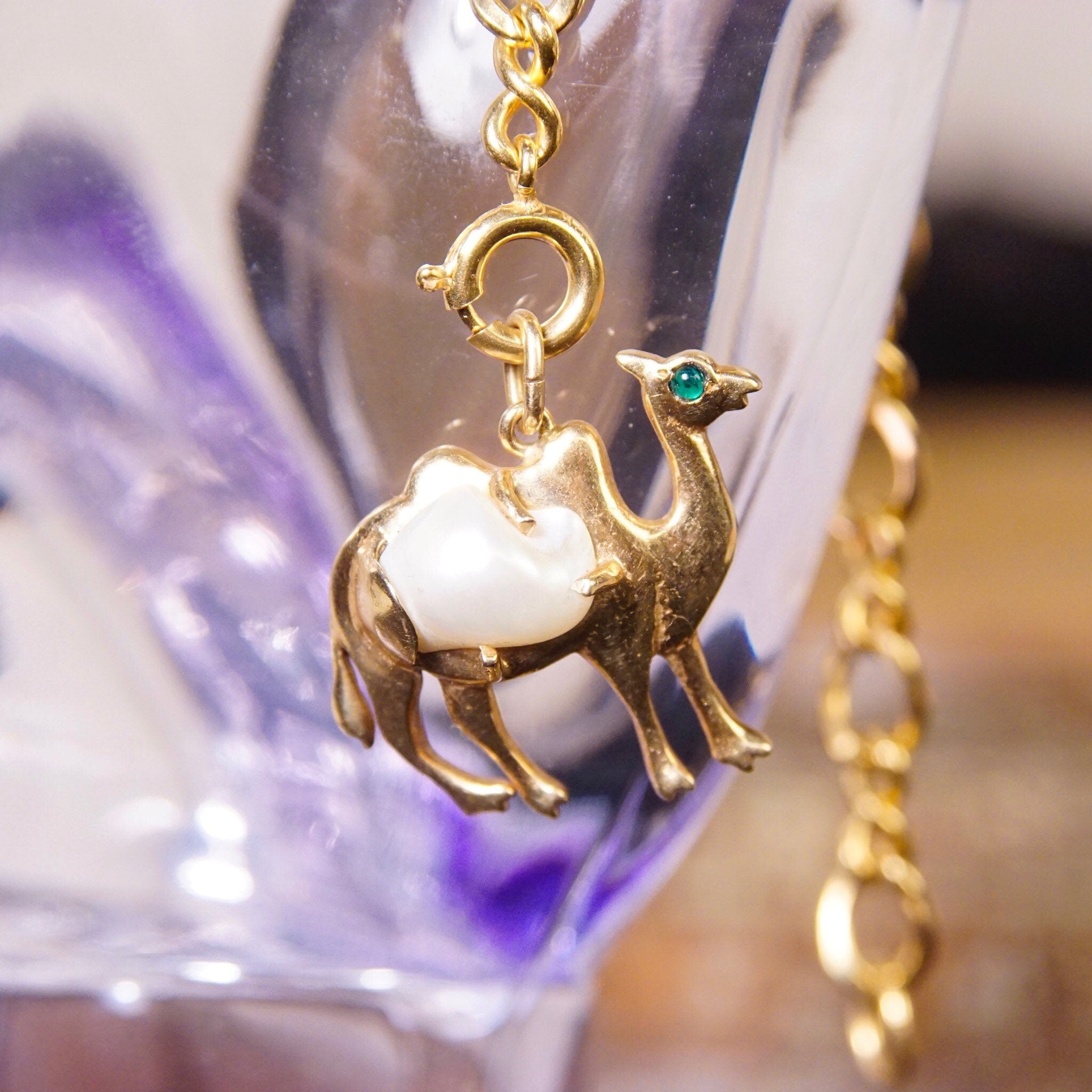 Vintage 14K Gold & Baroque Pearl Camel Charm/Pendant, Petite Gold Camel Charm, Emerald Green Eyes, Prong Set Pearl, 3/4