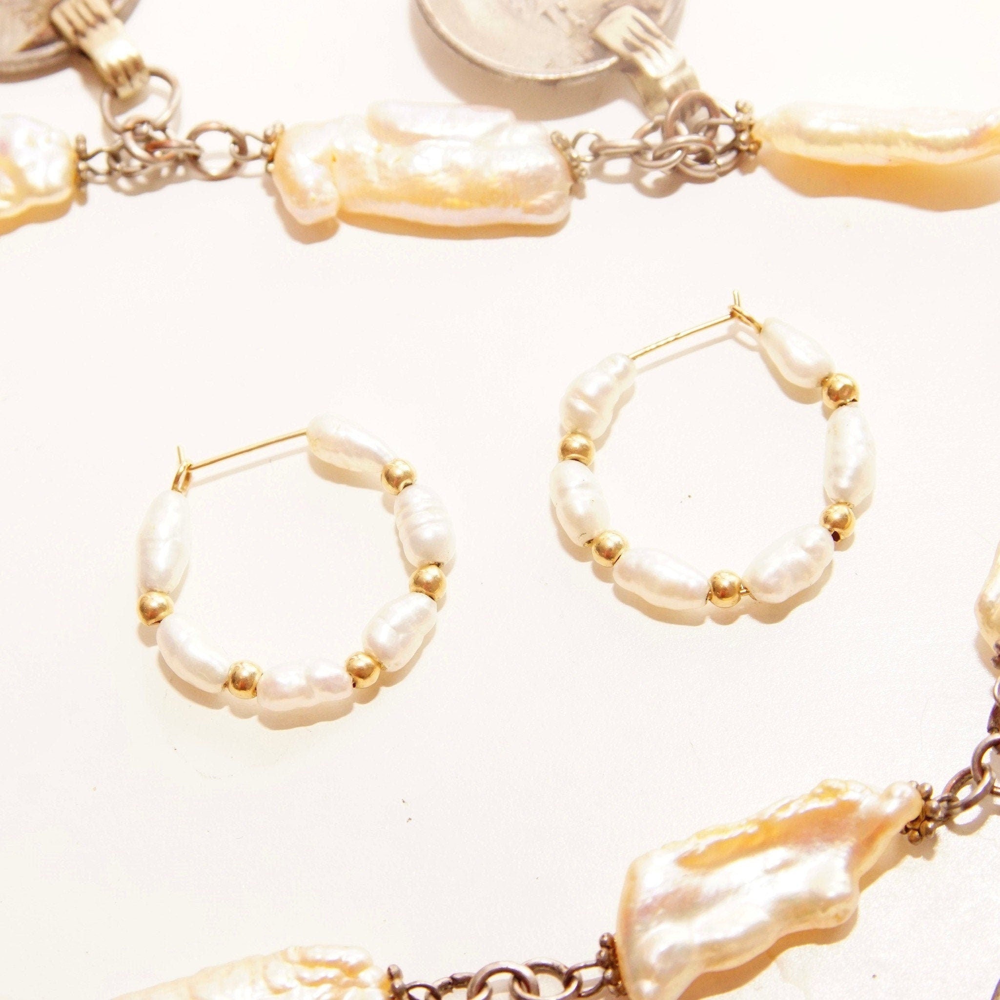 Vintage 14K Gold Baroque Pearl Hoop Earrings, Small Cute Pearl Huggie Hoops, Accents Gold Beads, 22mm