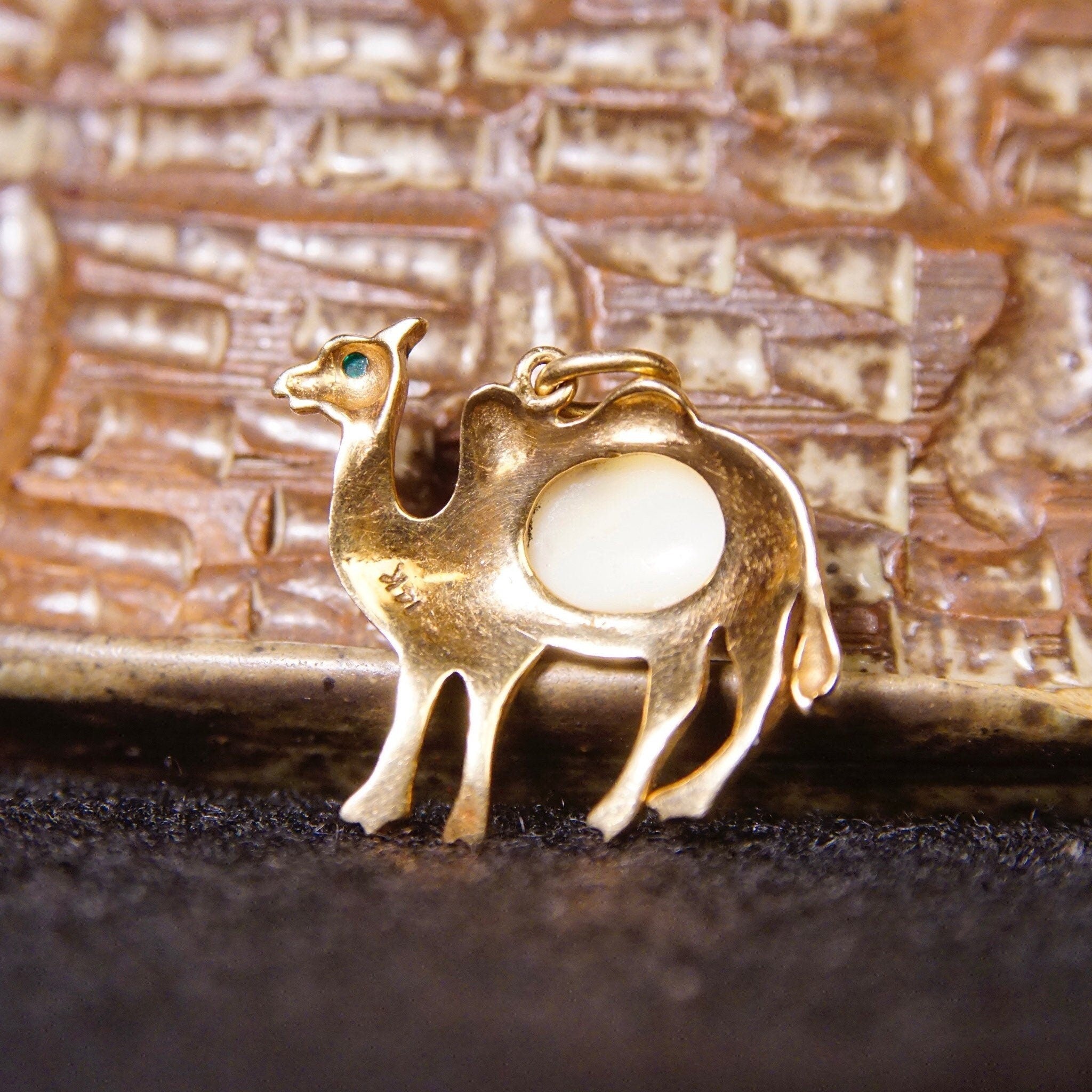 Vintage 14K Gold & Baroque Pearl Camel Charm/Pendant, Petite Gold Camel Charm, Emerald Green Eyes, Prong Set Pearl, 3/4